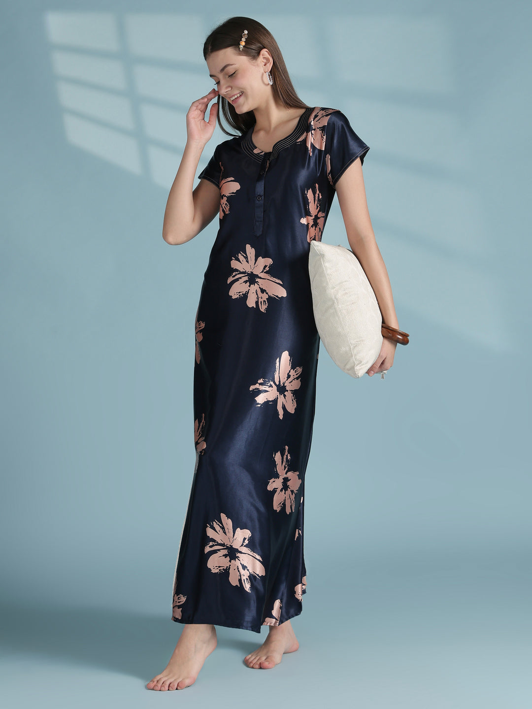 Luxury Satin Nighty for Women with Artistic Floral Print Design