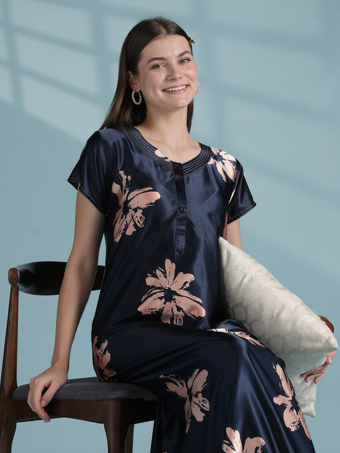 Luxury Satin Nighty for Women with Artistic Floral Print Design