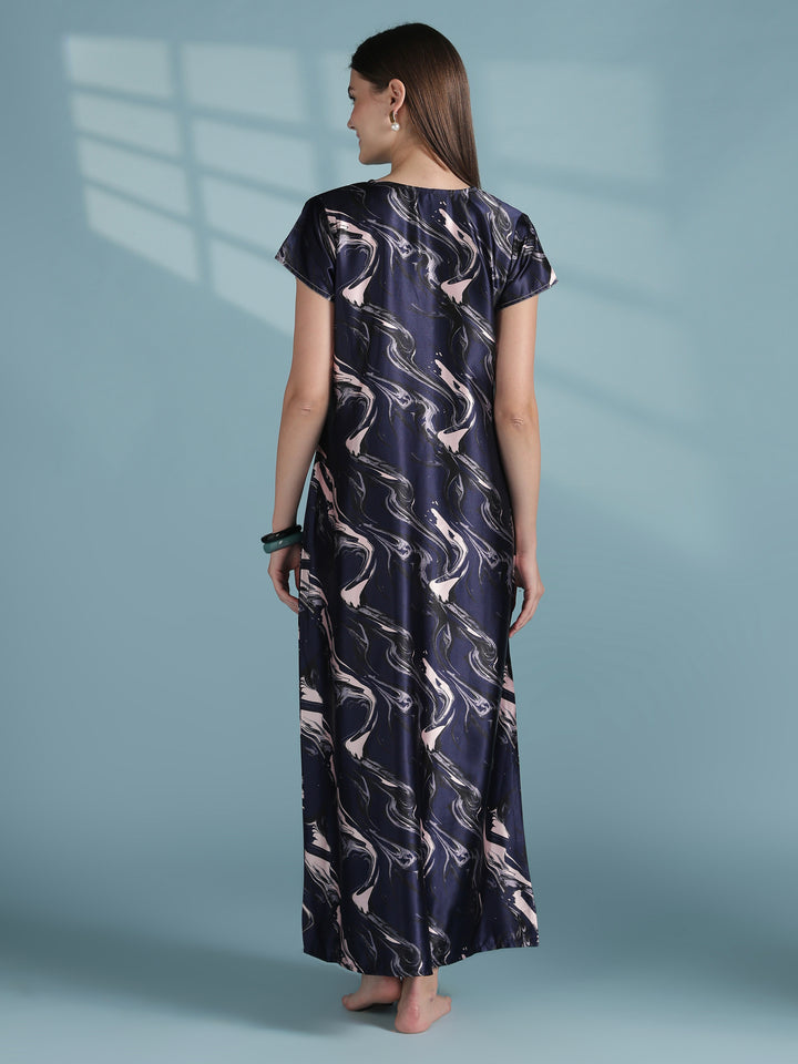 Designer Satin Nighty for Women with Swirl Print and Bow in Navy