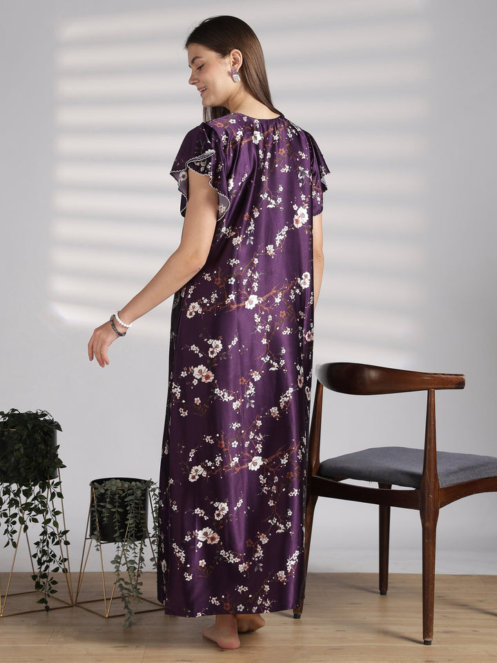 Ruffle Sleeve Satin Nighty with Floral Print and Tie Up Neck