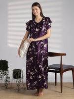 Ruffle Sleeve Satin Nighty with Floral Print and Tie Up Neck