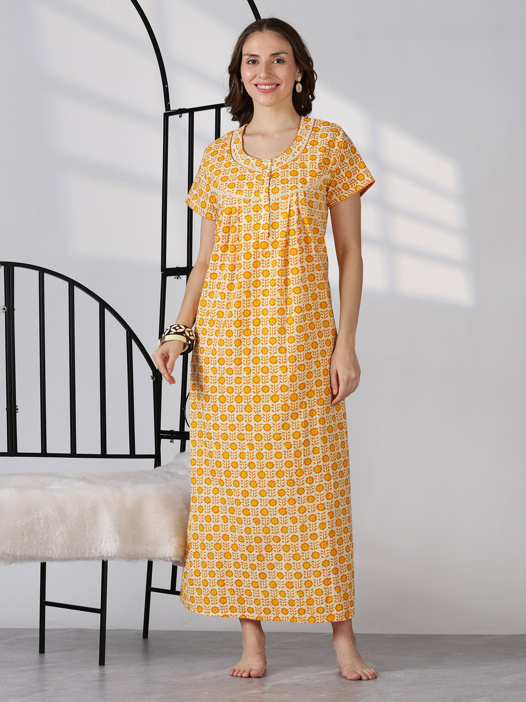 Pure Cotton Floral Printed Nighty for Women Soft Pleated Comfort