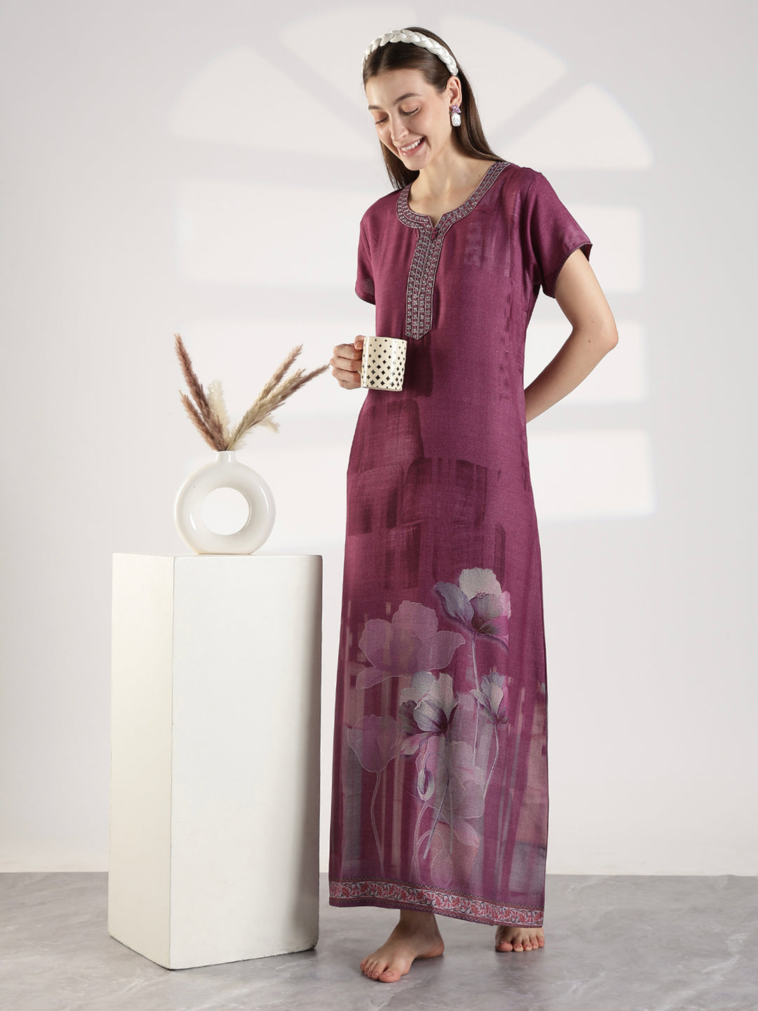 Floral Alpine Nighty for Women with Embroidered Neck Purple