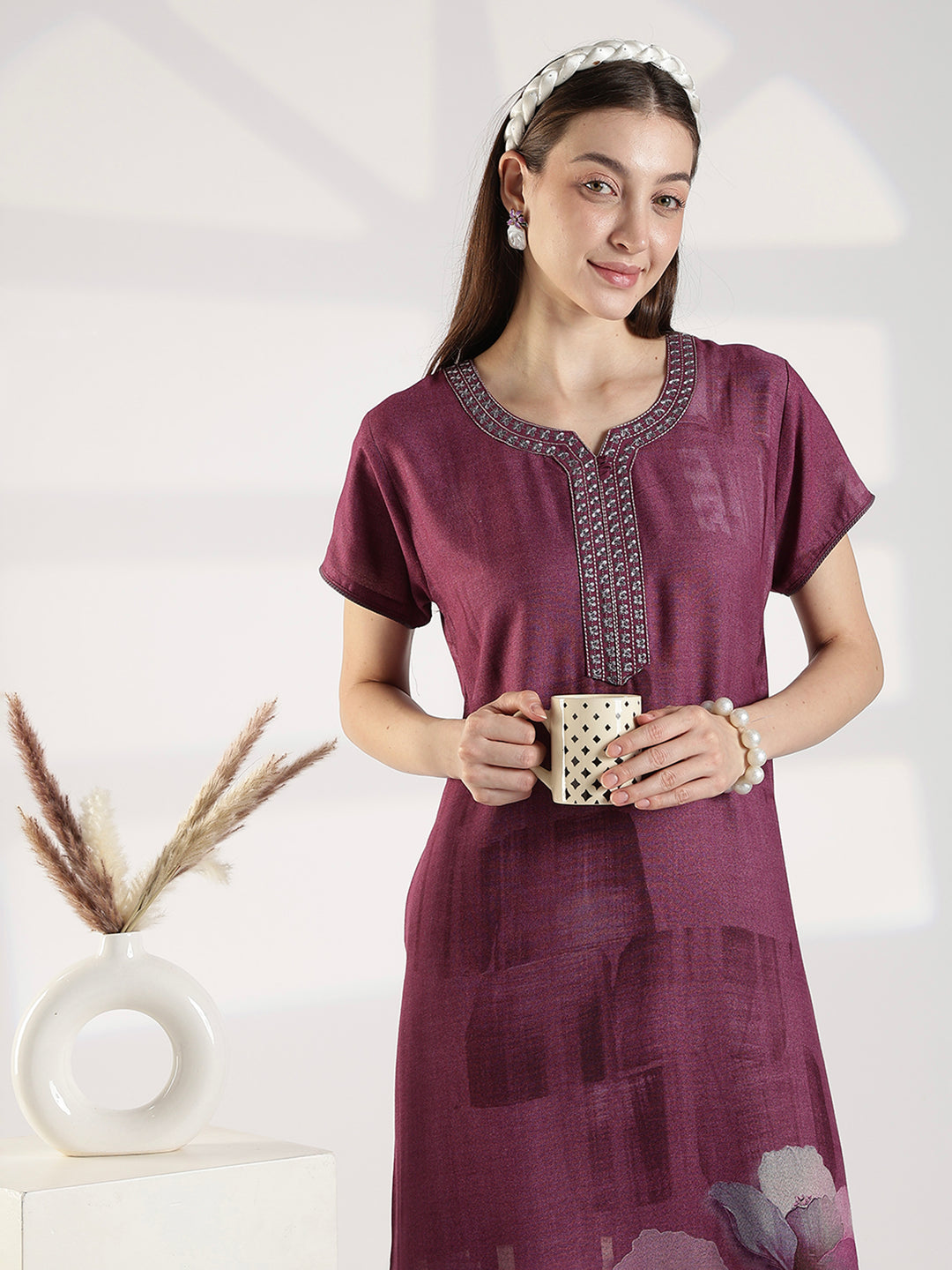 Floral Alpine Nighty for Women with Embroidered Neck Purple