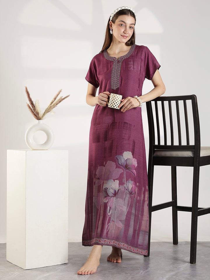 Floral Alpine Nighty for Women with Embroidered Neck Purple