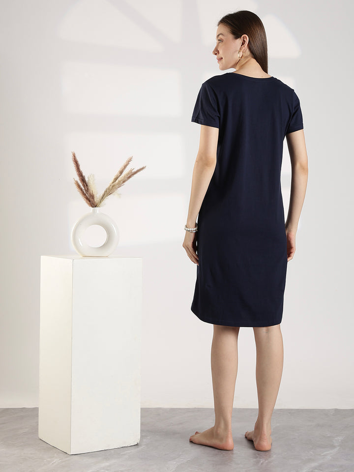 Dark Navy Knee Length Cotton Nighty for Women Relaxed Fit Graphic Print