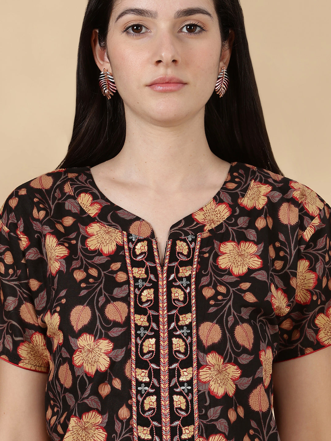 Black Floral Cotton Nighty for Women with Embroidered Neck