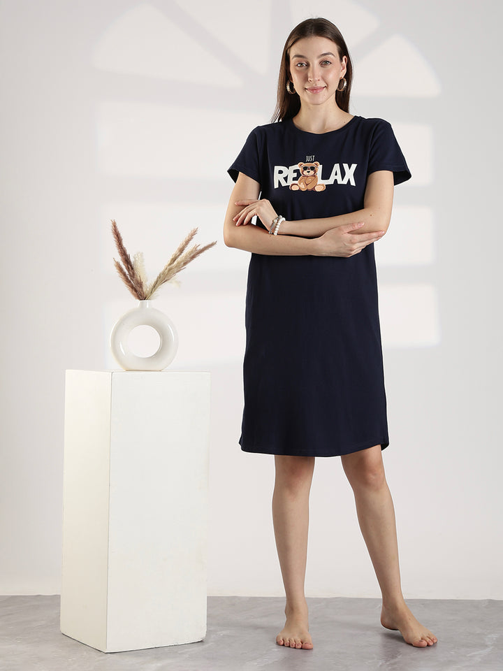 Dark Navy Knee Length Cotton Nighty for Women Relaxed Fit Graphic Print