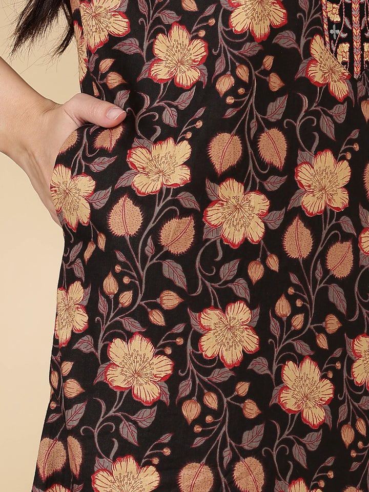 Black Floral Cotton Nighty for Women with Embroidered Neck