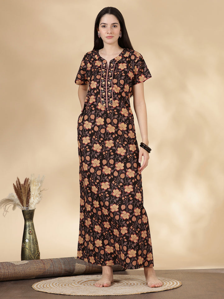 Black Floral Cotton Nighty for Women with Embroidered Neck