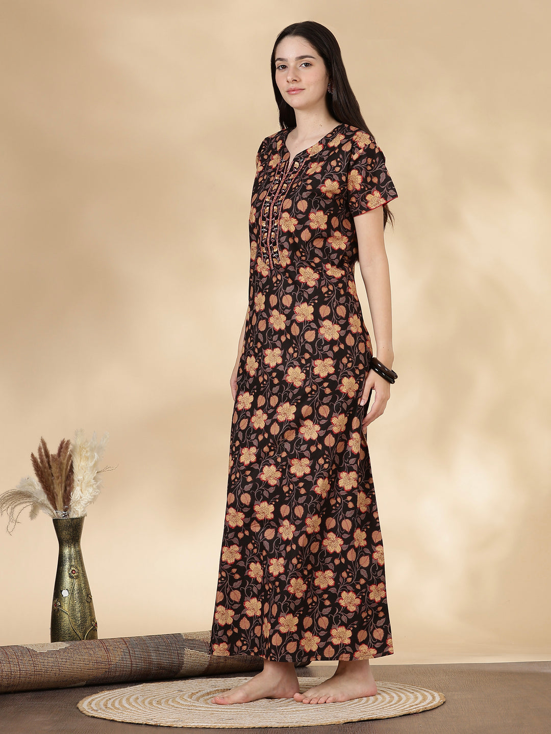 Black Floral Cotton Nighty for Women with Embroidered Neck