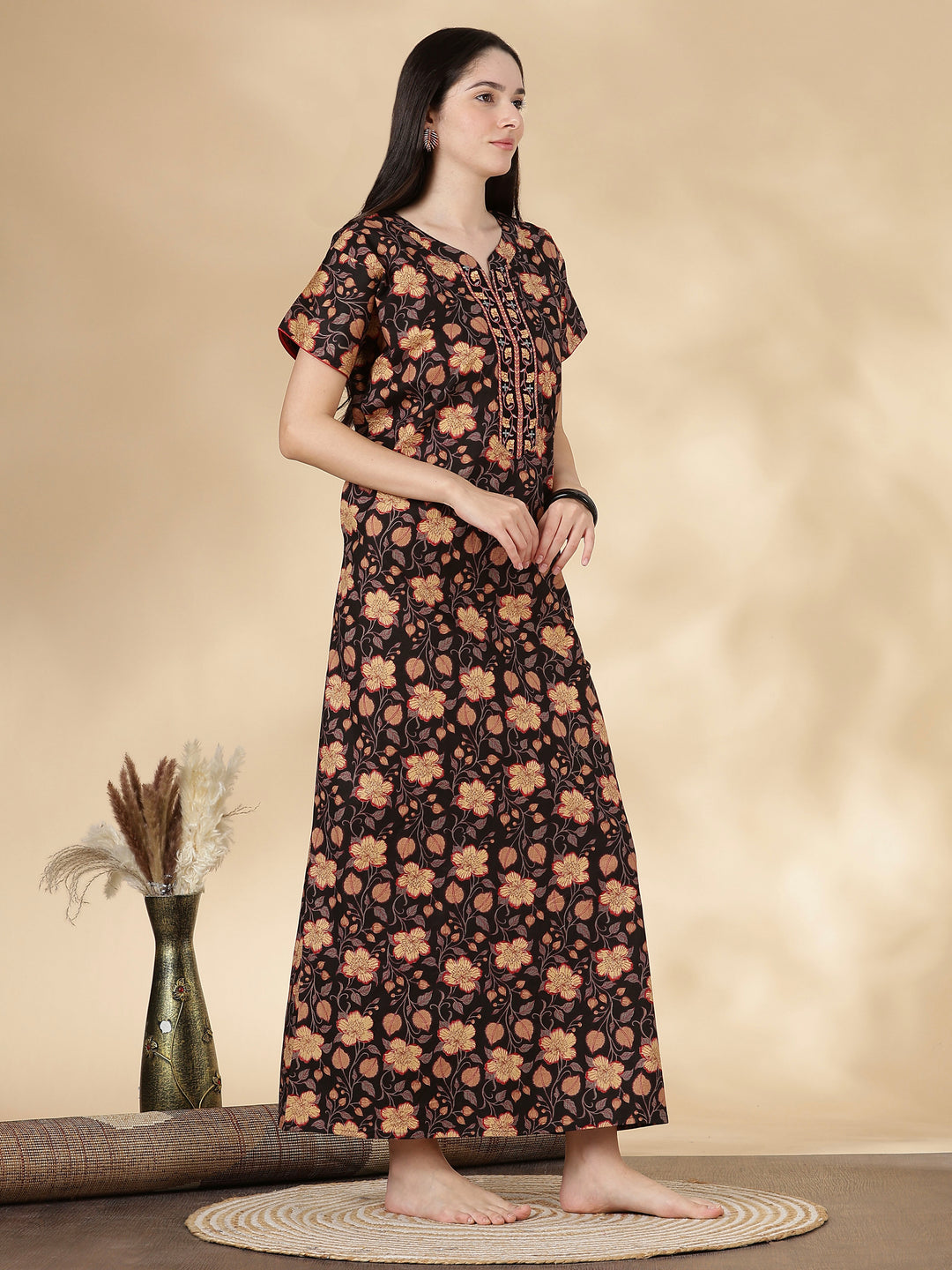 Black Floral Cotton Nighty for Women with Embroidered Neck