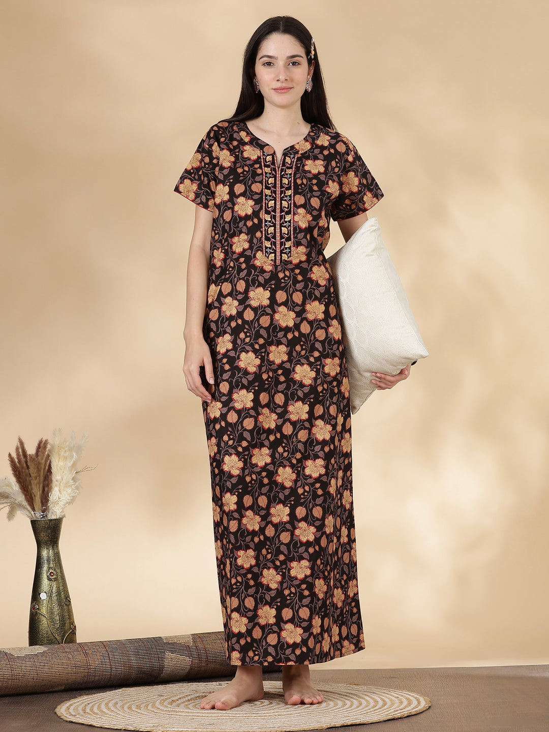 Black Floral Cotton Nighty for Women with Embroidered Neck