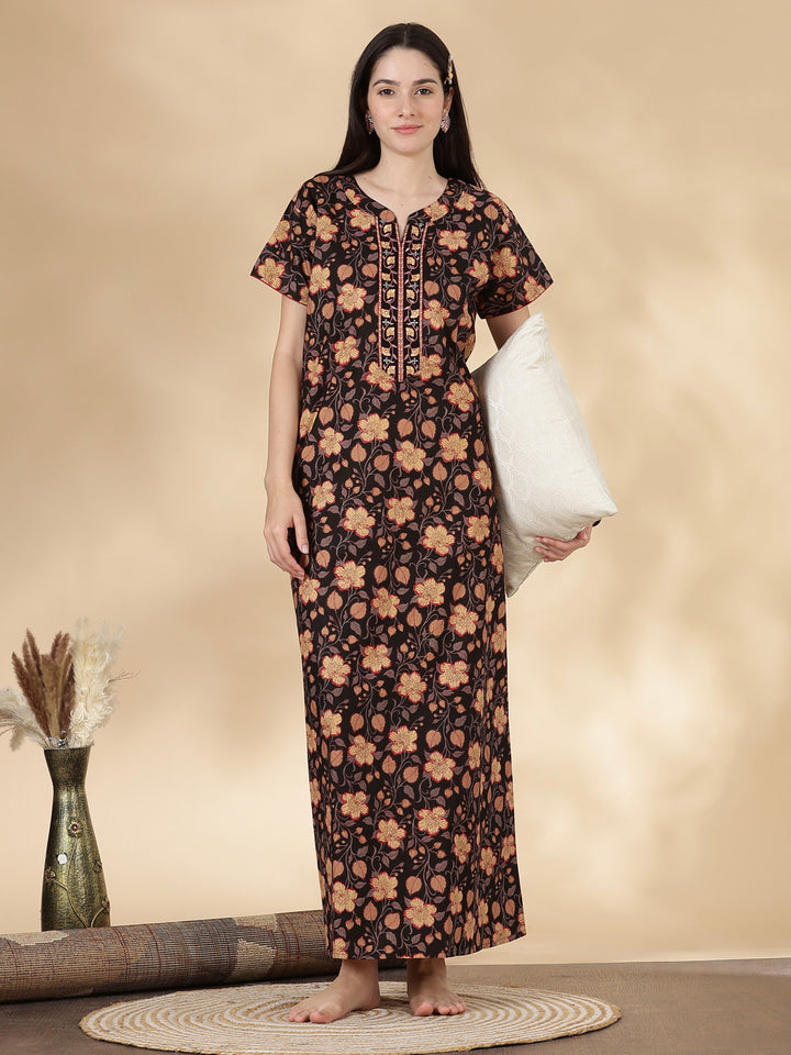 Black Floral Cotton Nighty for Women with Embroidered Neck