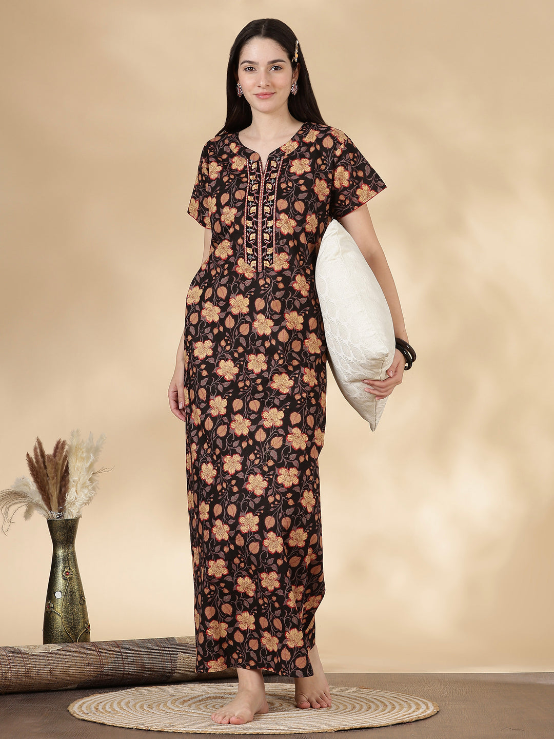 Black Floral Cotton Nighty for Women with Embroidered Neck