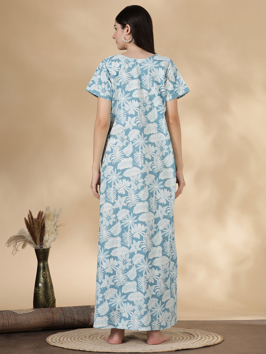 Pure Cotton Kantha Stitch Nighty for Women in Teal Floral Print