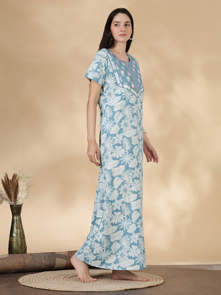 Pure Cotton Kantha Stitch Nighty for Women in Teal Floral Print