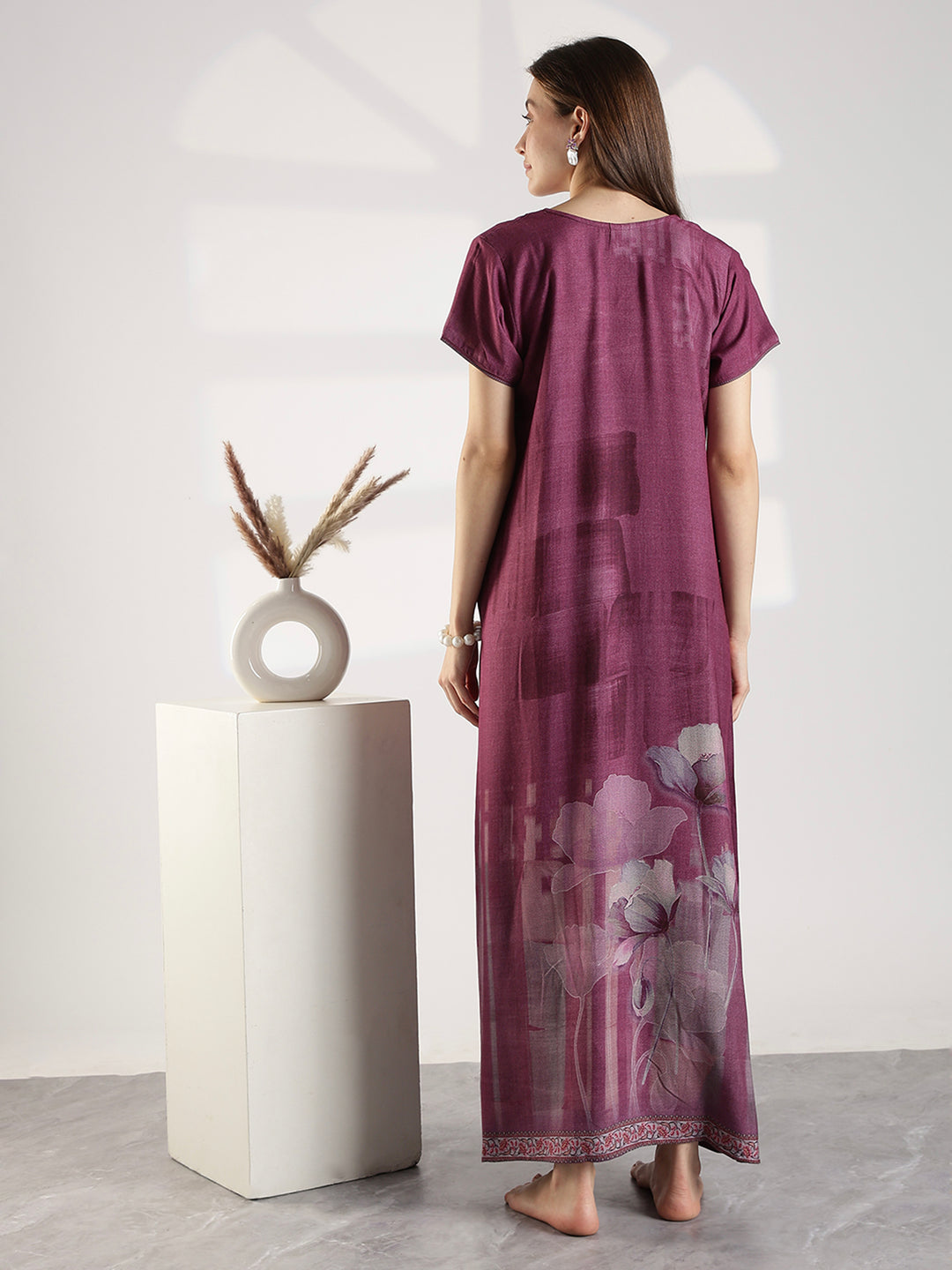 Floral Alpine Nighty for Women with Embroidered Neck Purple