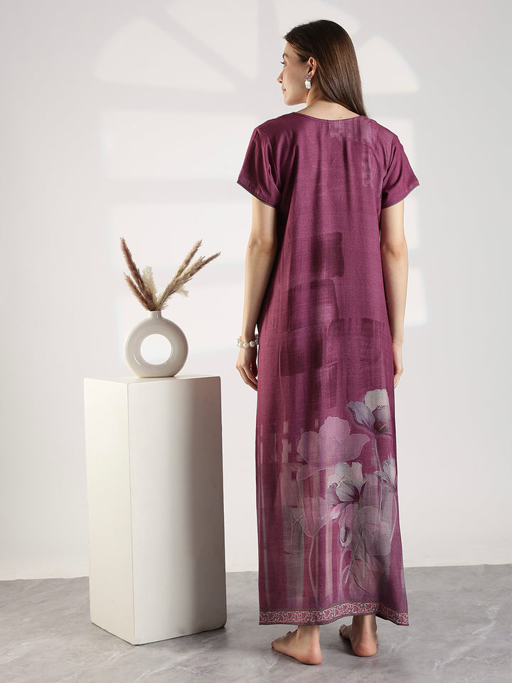 Floral Alpine Nighty for Women with Embroidered Neck Purple