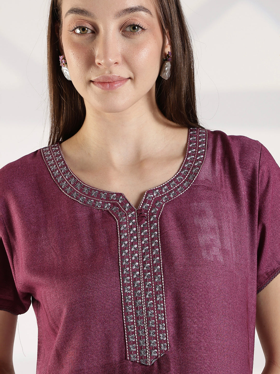 Floral Alpine Nighty for Women with Embroidered Neck Purple