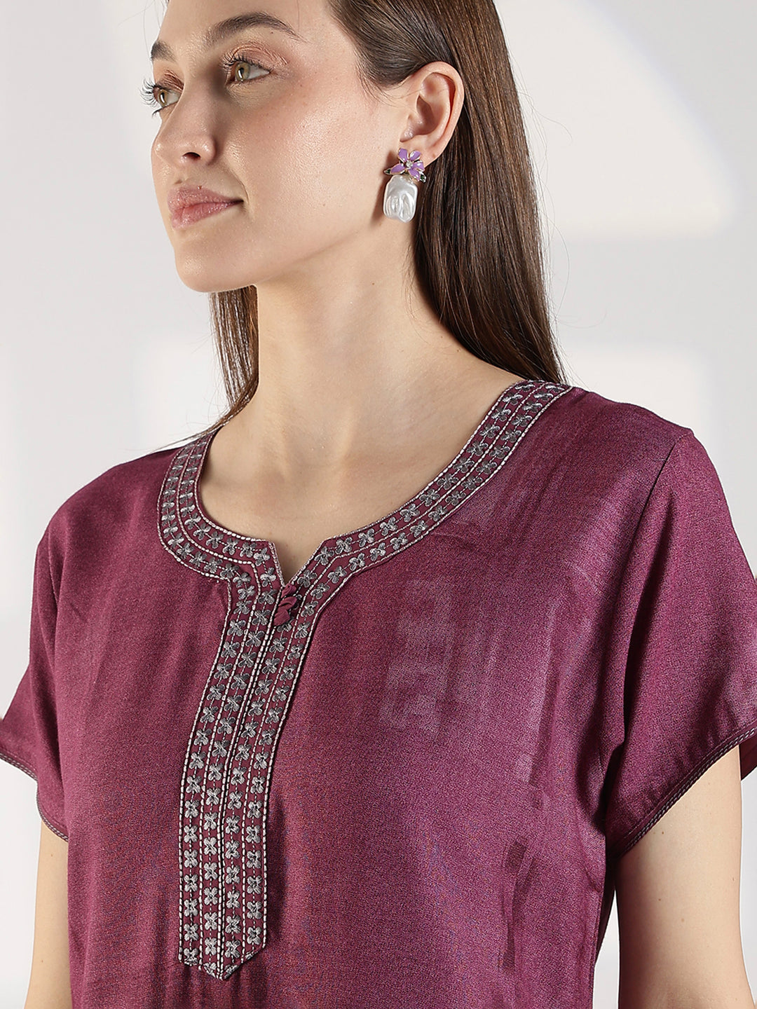 Floral Alpine Nighty for Women with Embroidered Neck Purple