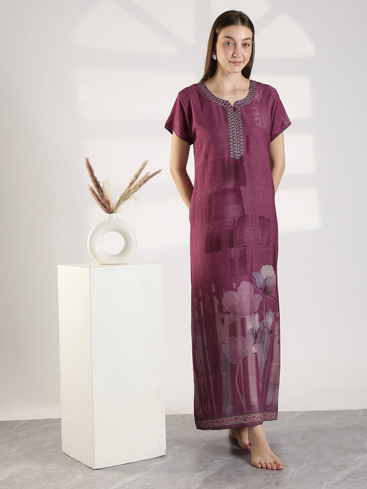 Floral Alpine Nighty for Women with Embroidered Neck Purple