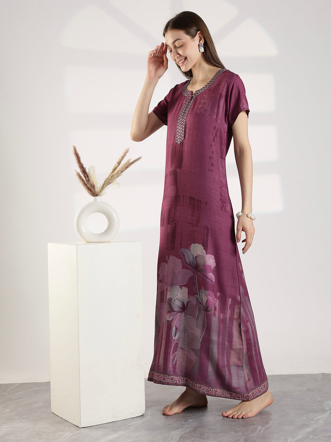 Floral Alpine Nighty for Women with Embroidered Neck Purple