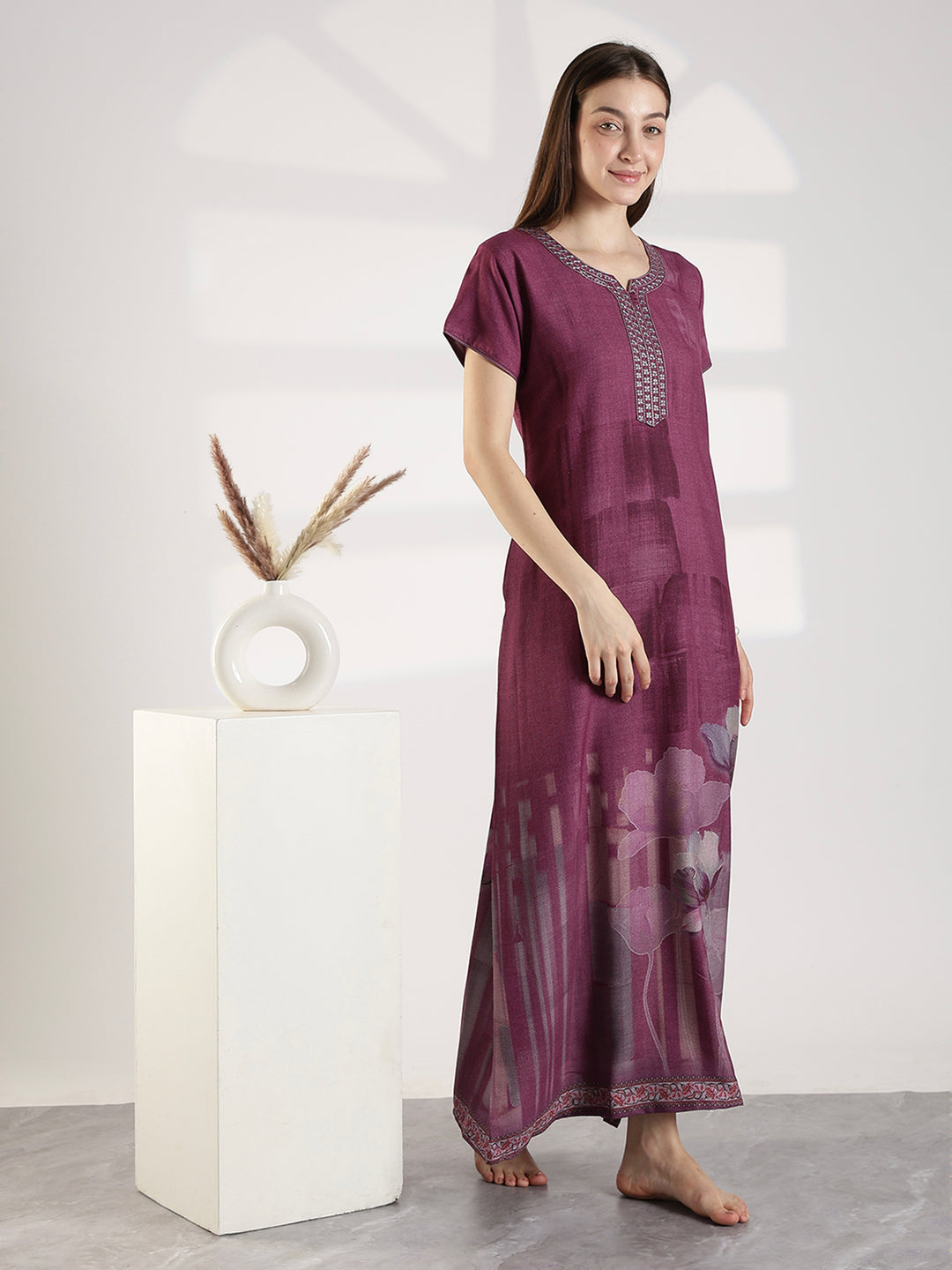 Floral Alpine Nighty for Women with Embroidered Neck Purple