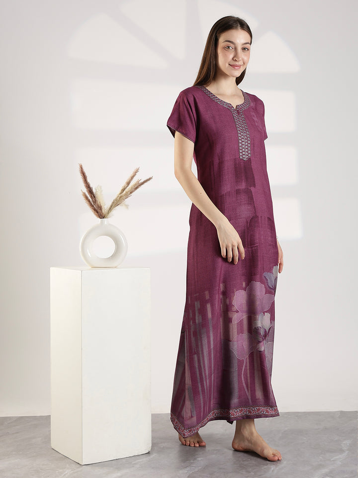 Floral Alpine Nighty for Women with Embroidered Neck Purple