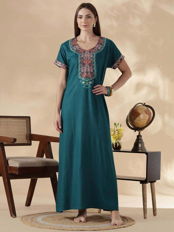 Raatrani Heritage Teal Alpine Embroidered A Line Nighty for Women