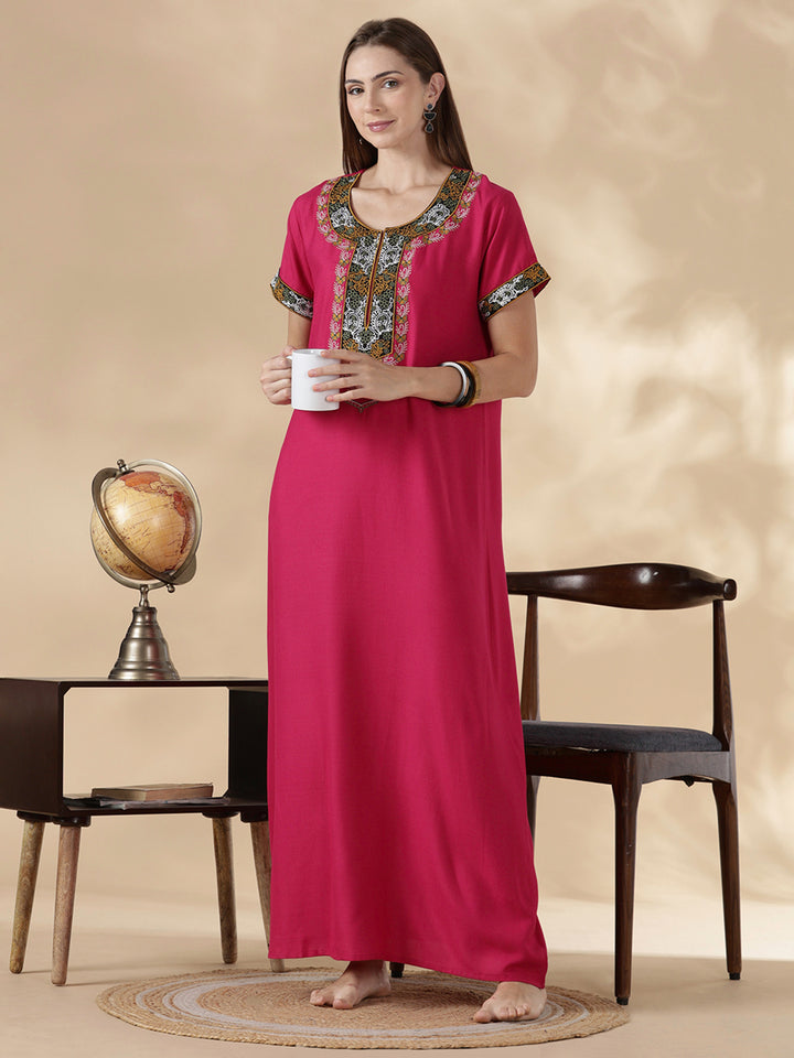 Raatrani Heritage Pink Alpine Embroidered A Line Nighty for Women