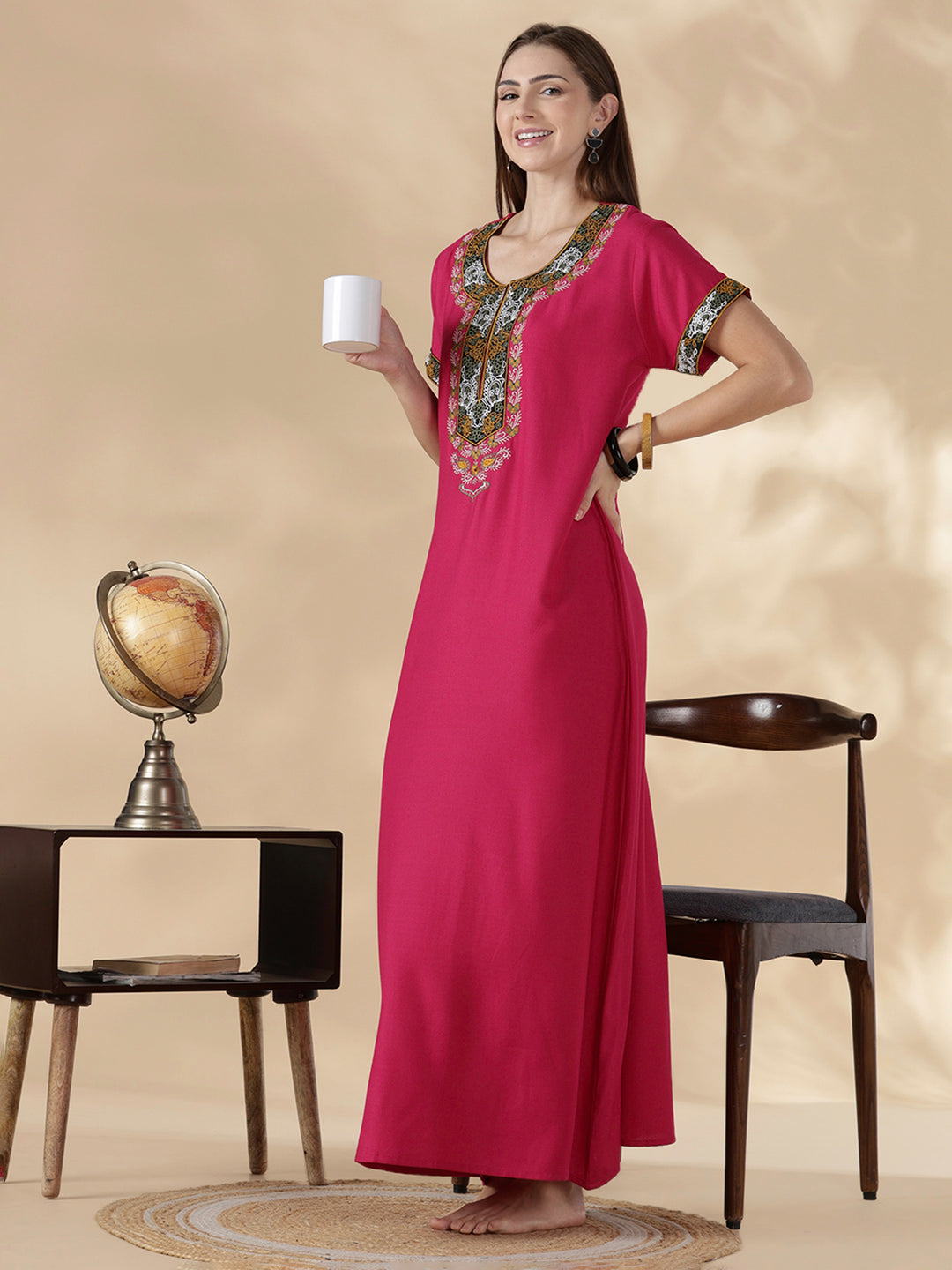 Raatrani Heritage Pink Alpine Embroidered A Line Nighty for Women