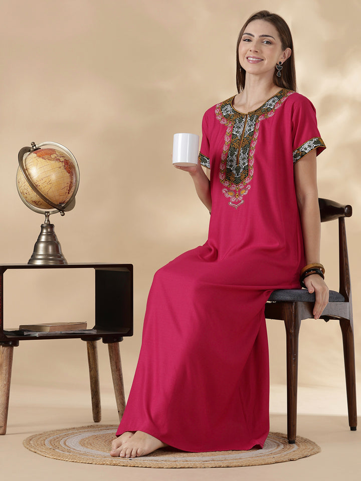 Raatrani Heritage Pink Alpine Embroidered A Line Nighty for Women