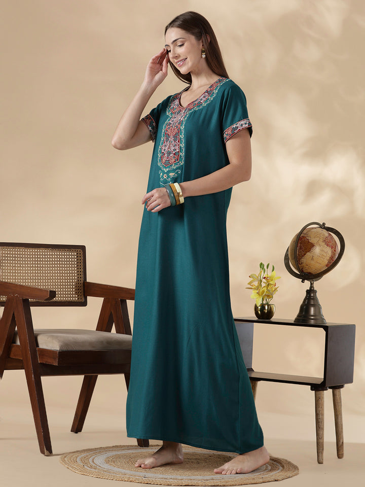 Raatrani Heritage Teal Alpine Embroidered A Line Nighty for Women