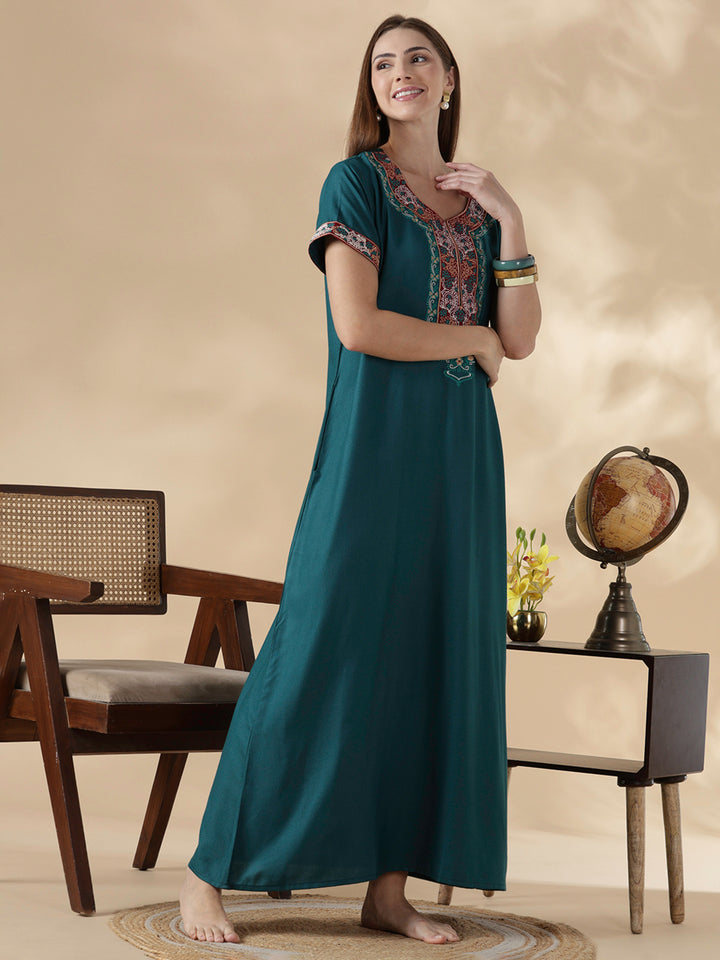 Raatrani Heritage Teal Alpine Embroidered A Line Nighty for Women
