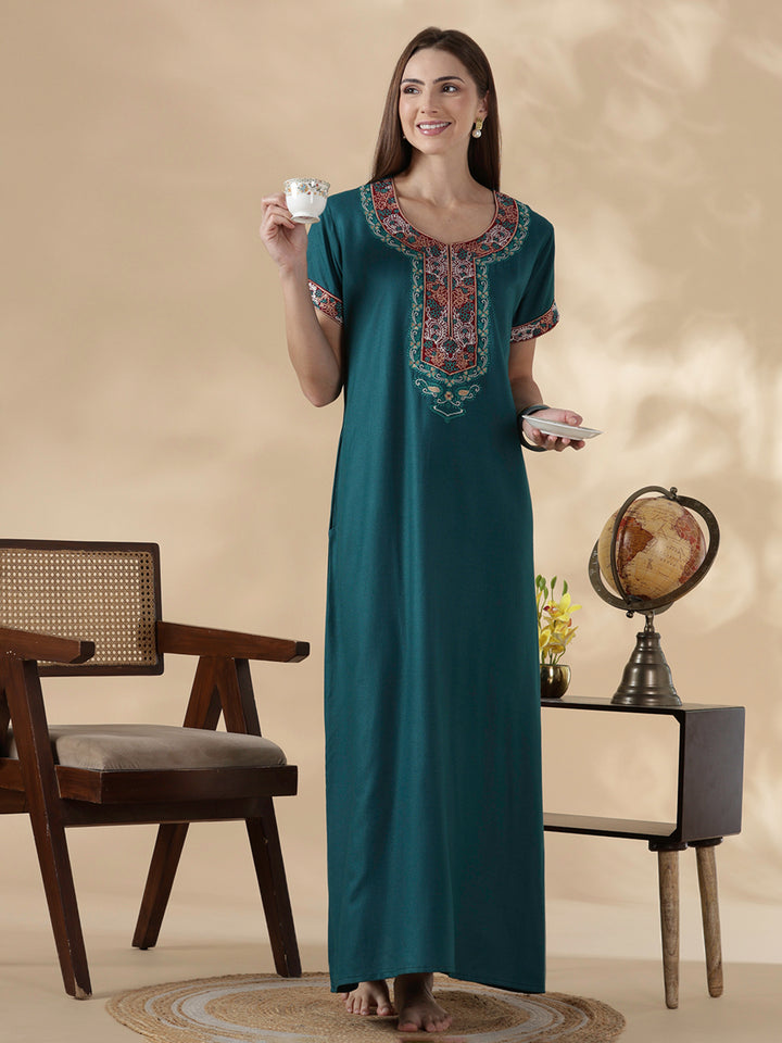 Raatrani Heritage Teal Alpine Embroidered A Line Nighty for Women