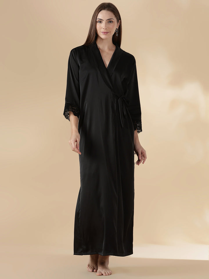 Satin Nighty Set for Women with Lace Slip and Long Robe