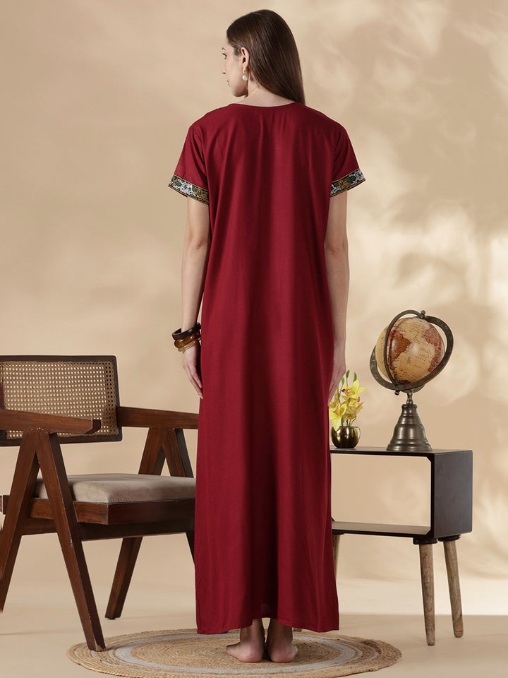 Raatrani Heritage Maroon Alpine Embroidered A Line Nighty for Women