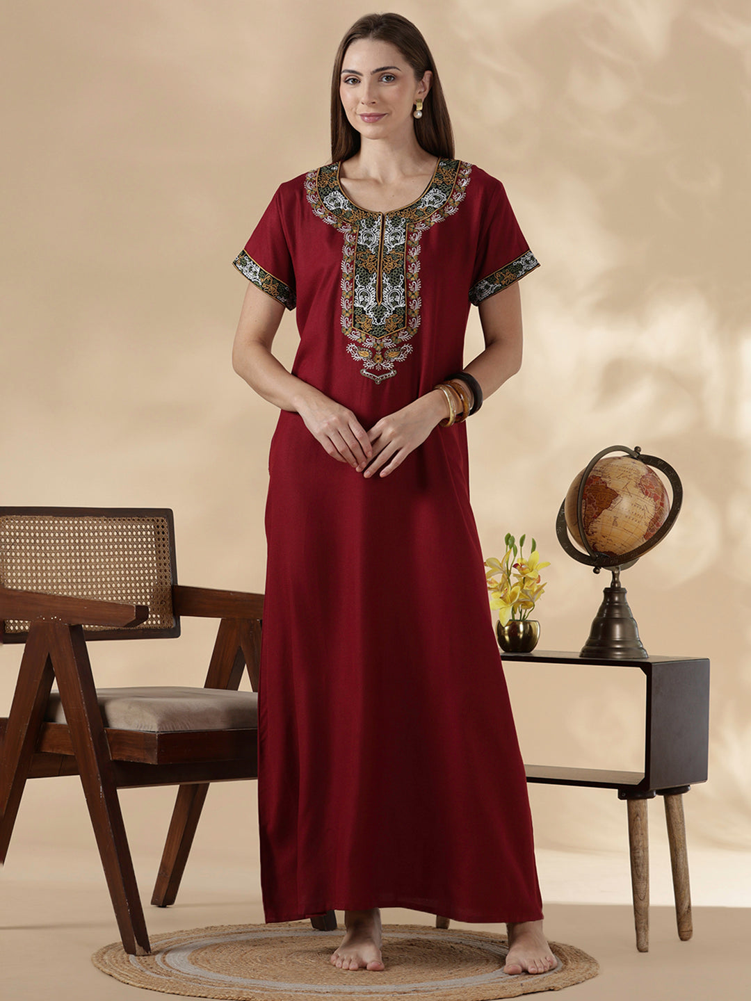 Raatrani Heritage Maroon Alpine Embroidered A Line Nighty for Women