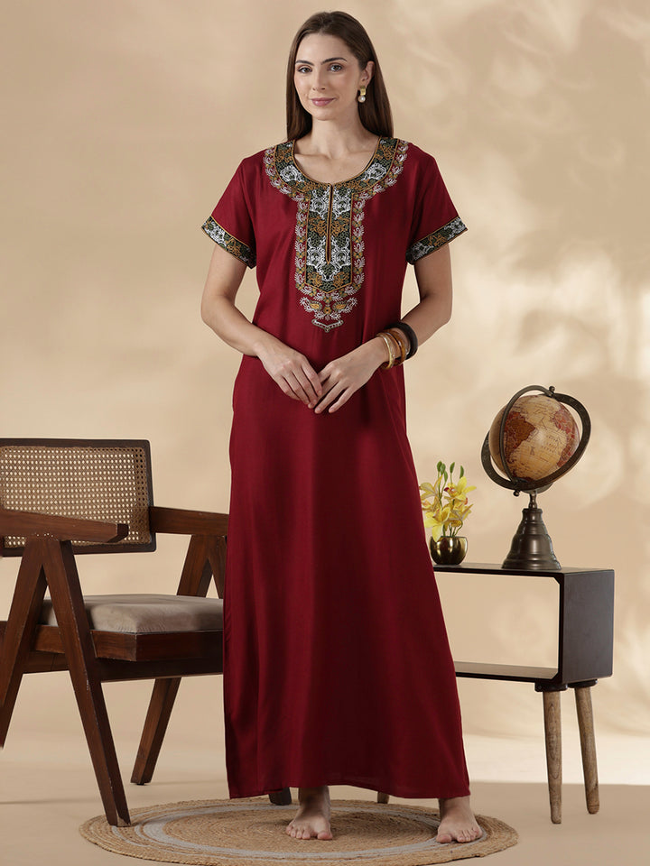 Raatrani Heritage Maroon Alpine Embroidered A Line Nighty for Women