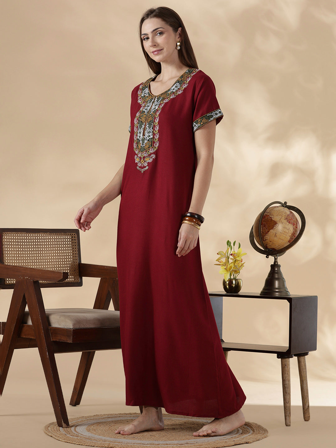 Raatrani Heritage Maroon Alpine Embroidered A Line Nighty for Women