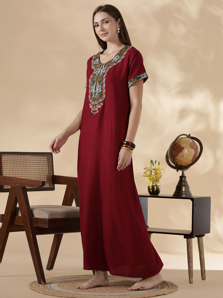 Raatrani Heritage Maroon Alpine Embroidered A Line Nighty for Women