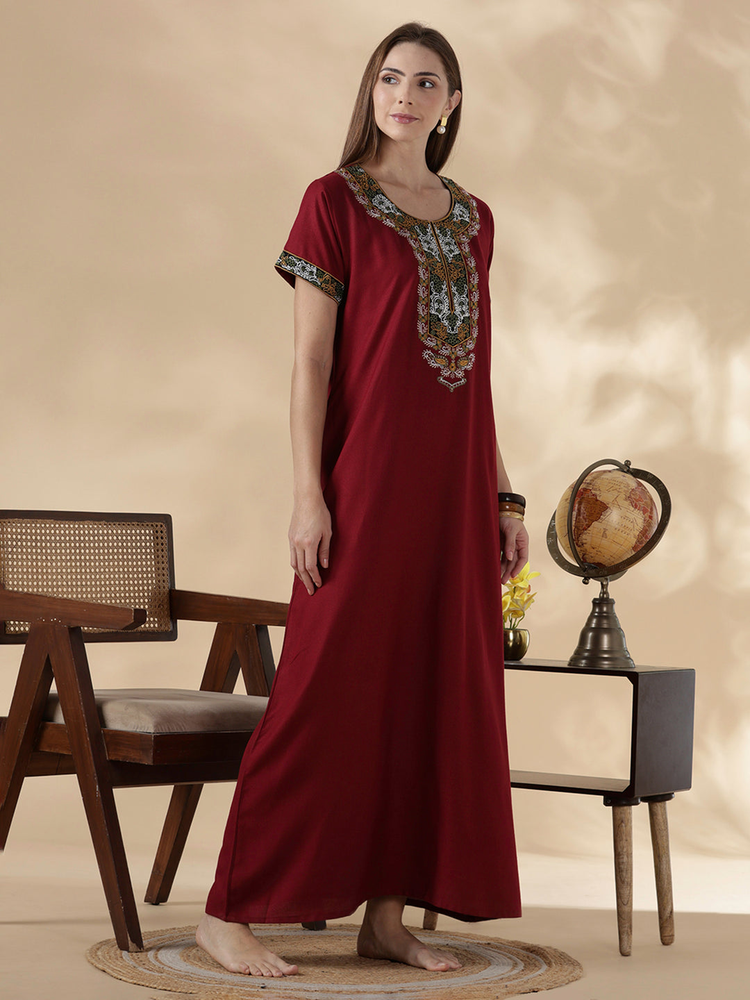 Raatrani Heritage Maroon Alpine Embroidered A Line Nighty for Women