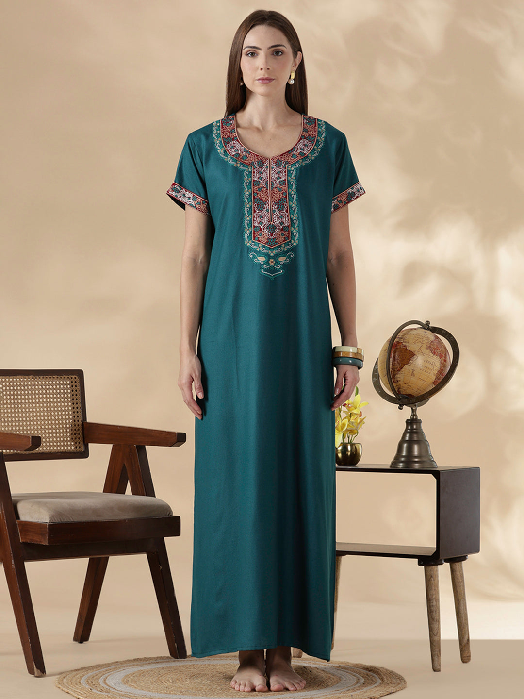 Raatrani Heritage Teal Alpine Embroidered A Line Nighty for Women