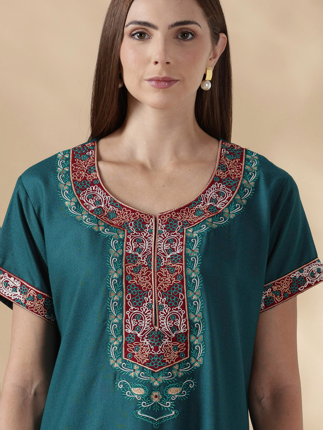 Raatrani Heritage Teal Alpine Embroidered A Line Nighty for Women