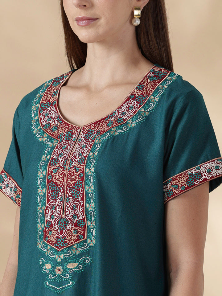 Raatrani Heritage Teal Alpine Embroidered A Line Nighty for Women