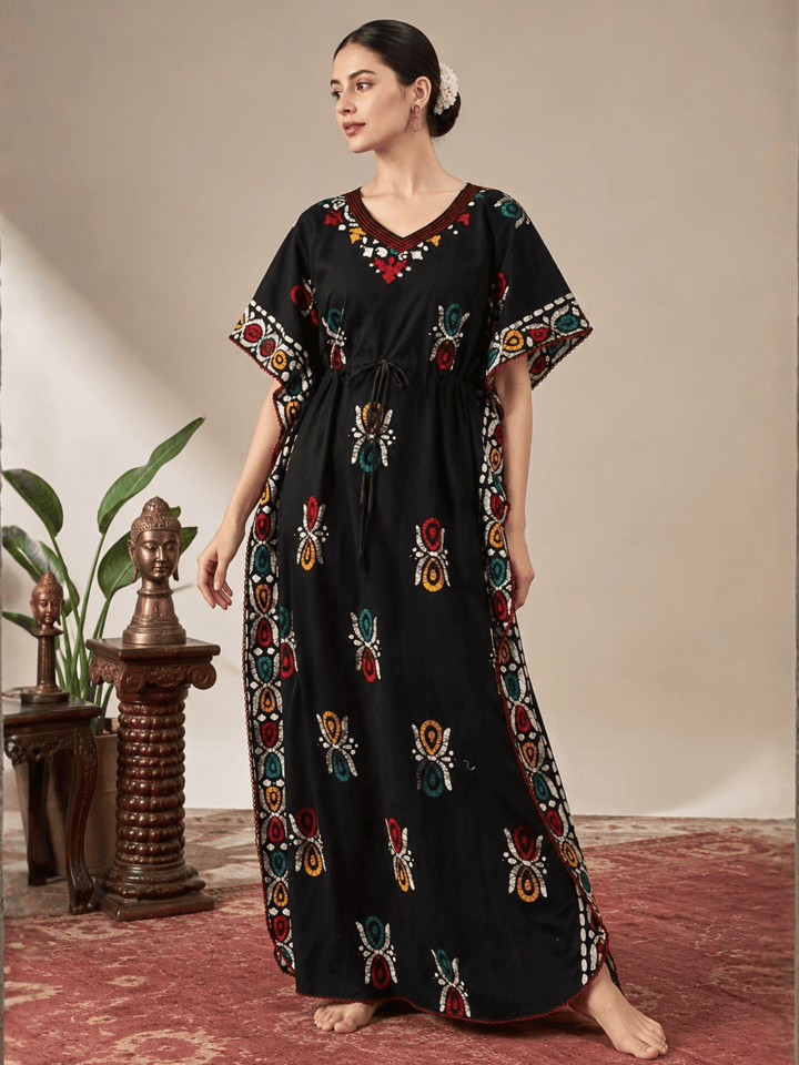 Curved V Neck Cotton Kaftan with Hand Block Batik Print in Black Paisley
