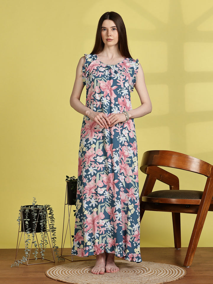 Rayon Floral Aqua Blue Sleeveless Nighty for Women
