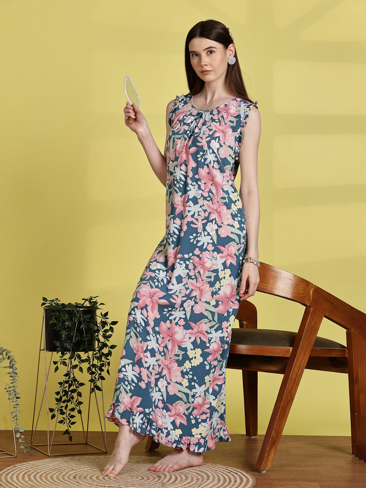 Rayon Floral Aqua Blue Sleeveless Nighty for Women