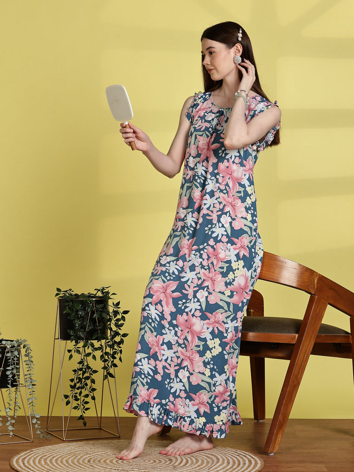 Rayon Floral Aqua Blue Sleeveless Nighty for Women